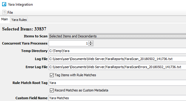 Figure 7: Main tab of Yara Integration dialog